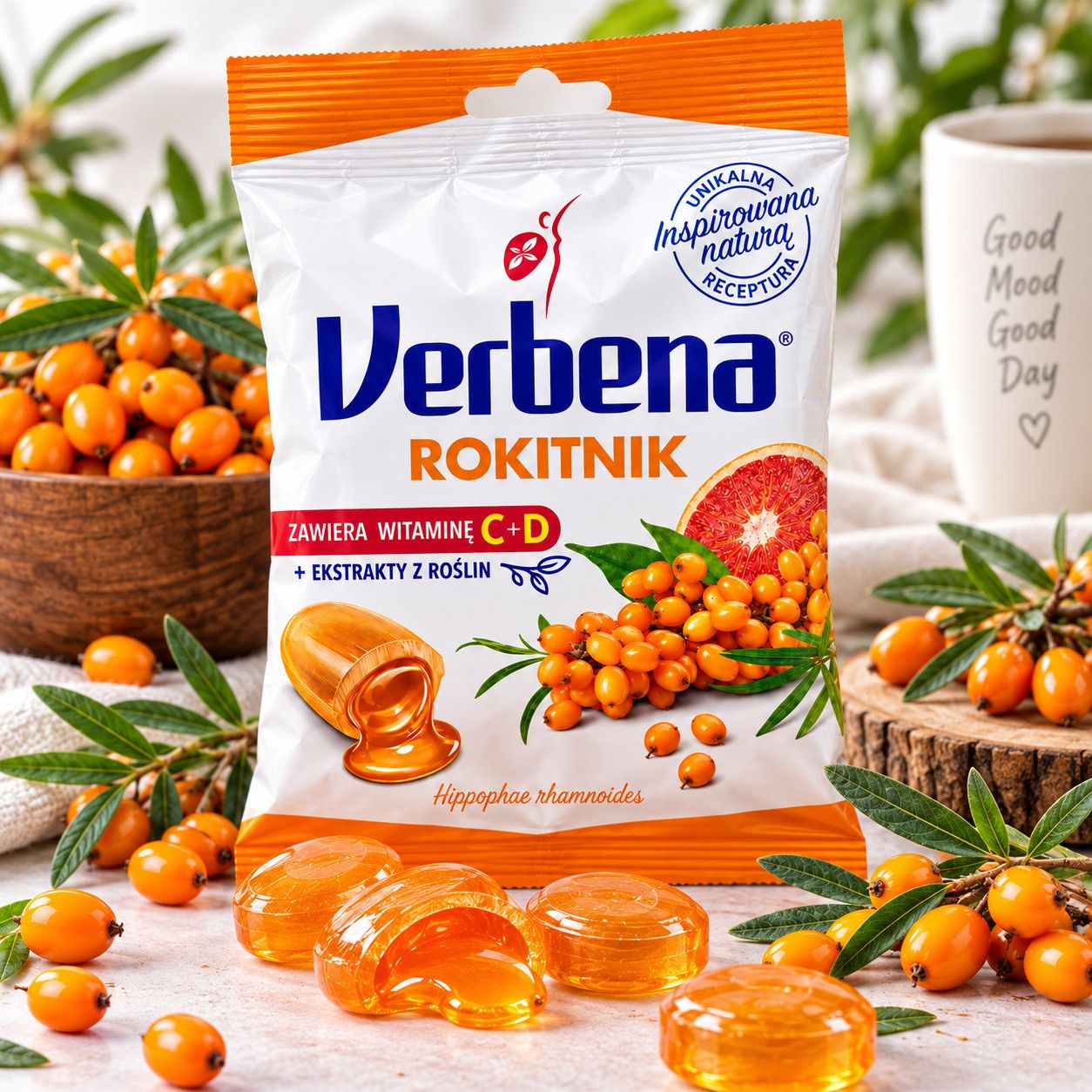 Цукерки льодяники з Обліпихою Verbena Rokitnik Вербена з начинкою екстрактами рослин та вітамінами C+D без глютену Пакет 60г