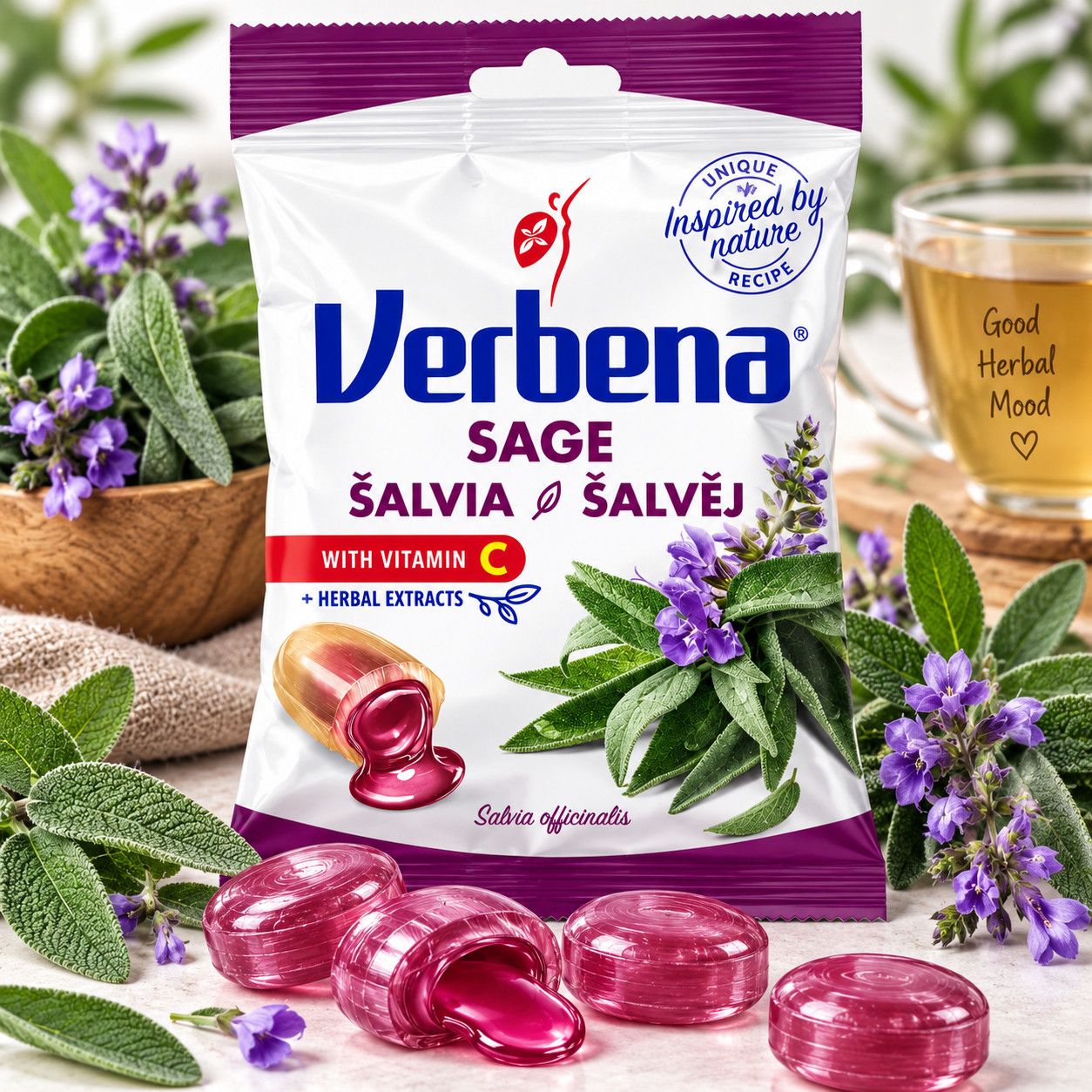 Цукерки льодяники з Шавлією Verbena Sage Salvia Вербена з начинкою екстрактами трав та вітаміном C без глютену Пакет 60г