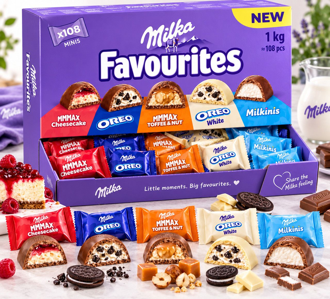 Набір Цукерки шоколадні Асорті Milka Minis Favourites Мілка Фаворітес Oreo Cheesecake Toffee Milkinis 5 смаків Бокс 108шт 1кг
