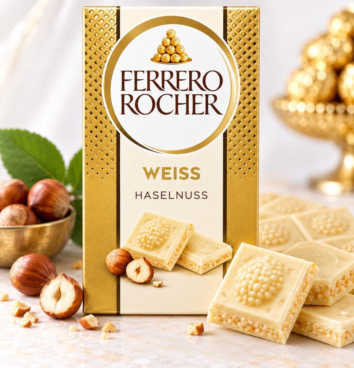Шоколад білий Ferrero Rocher White Hazelnut Ферреро Роше з фундуком та кремовою начинкою Плитка 90г