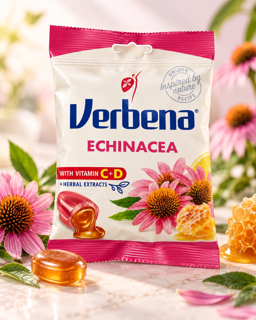 Цукерки Льодяники Verbena Echinacea Вербена Ехінацея з медом та лимоном з начинкою Пакет 60г