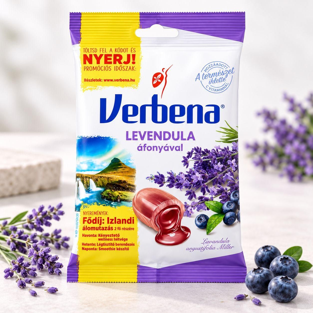 Цукерки Льодяники Verbena Levendula Áfonyával Вербена лаванда та чорниця з вітаміном C і трав’яними екстрактами Пакет 60г