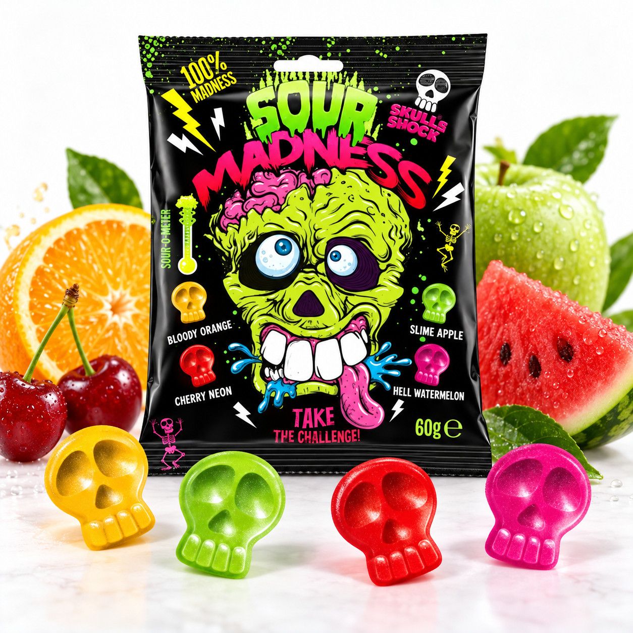 Цукерки льодяники Кислі у формі Черепів Sour Madness Skull Shock Шокуючі черепи Фруктове асорті 4 смаки Пакет 60г