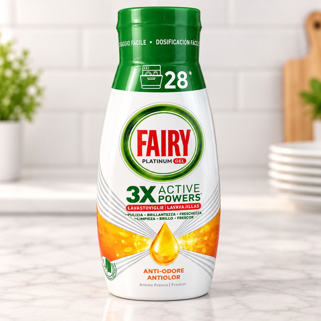 Гель для Посудомийних машин Fairy Platinum Gel 3X Active Powers Anti-Odore Фейрі Платинум анти запах 28 циклів Лимон 504мл