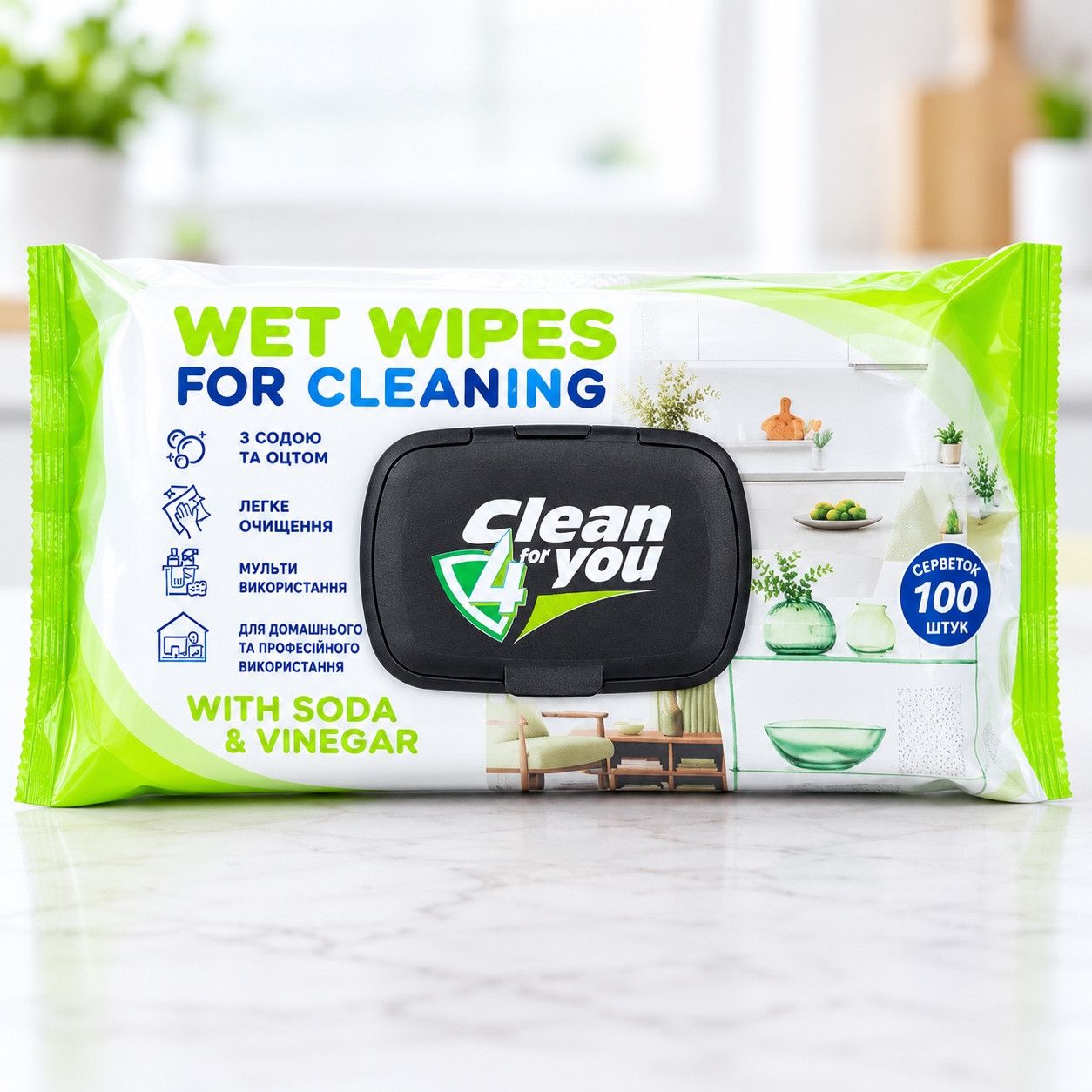 Серветки вологі з Клапаном для прибирання Clean 4 You Wet Wipes for Cleaning Універсальні з Содою та Оцтом 100шт