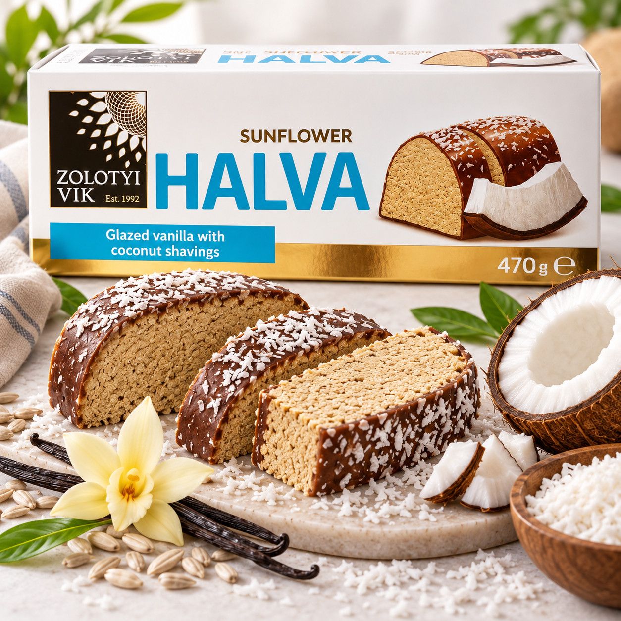 Халва соняшникова Zolotyi Vik Sunflower Halva Glazed Vanilla Coconut Золотий Вік Ванільна в шоколадній глазурі з кокосовою стружко