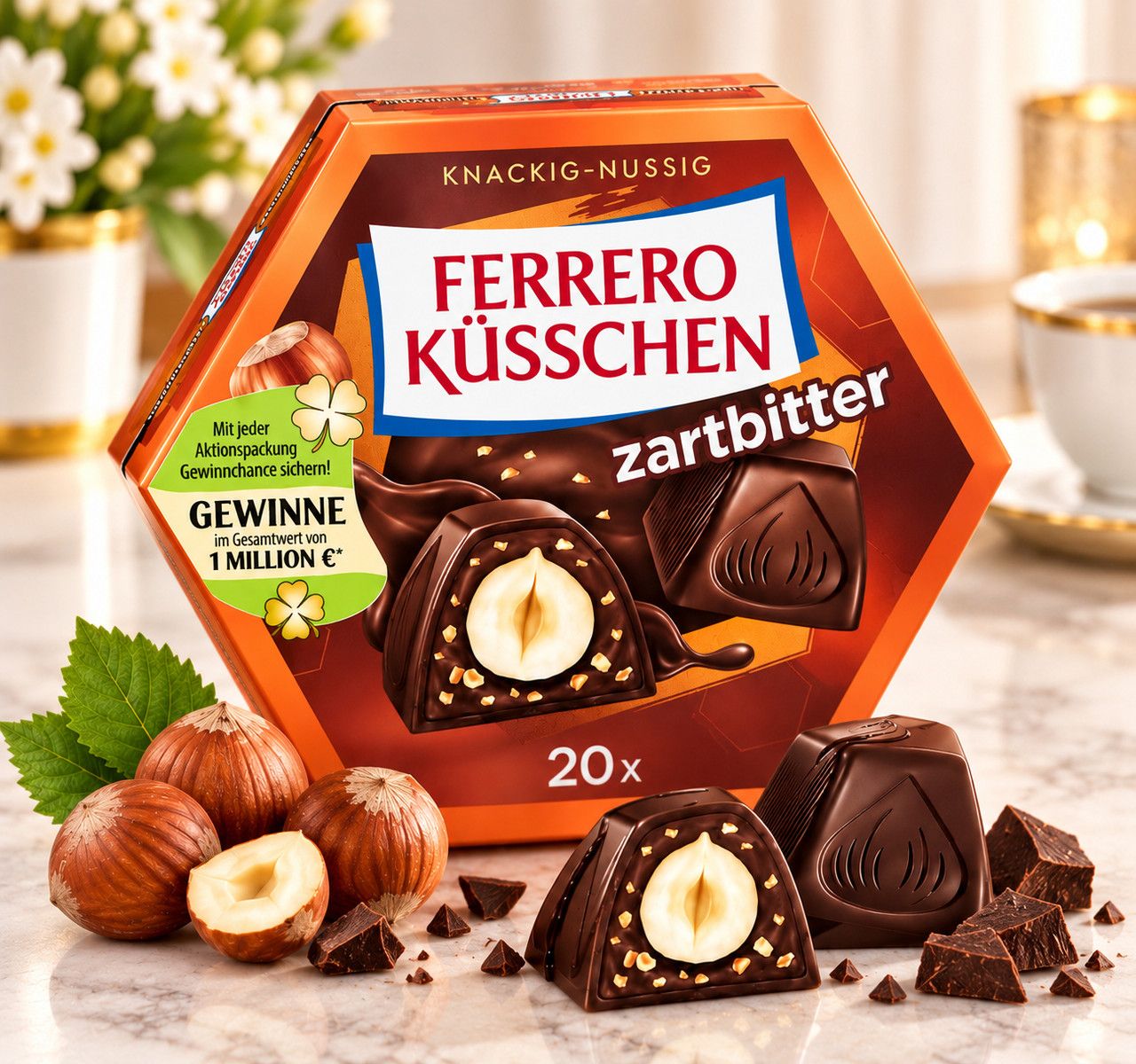 Набір Подарунок Шоколадні цукерки Ferrero Küsschen Zartbitter Ферреро Кюсхен цілий фундук у темному шоколаді 20шт Коробка 178г