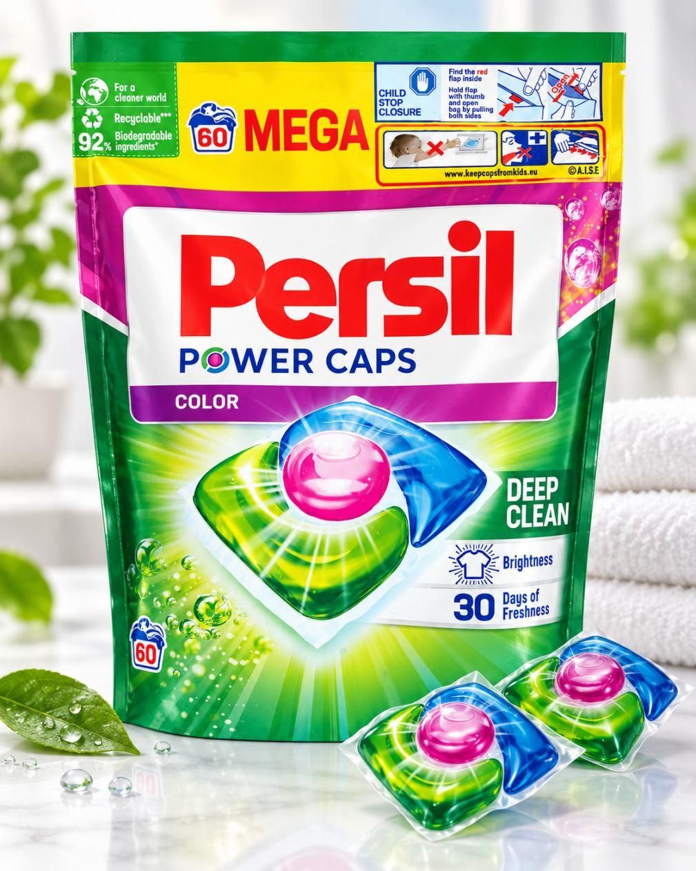 Капсули для прання кольорових речей Persil Power Caps Color Deep Clean Персіл Павер Капс для кольорової білизни Mega Pack 60шт