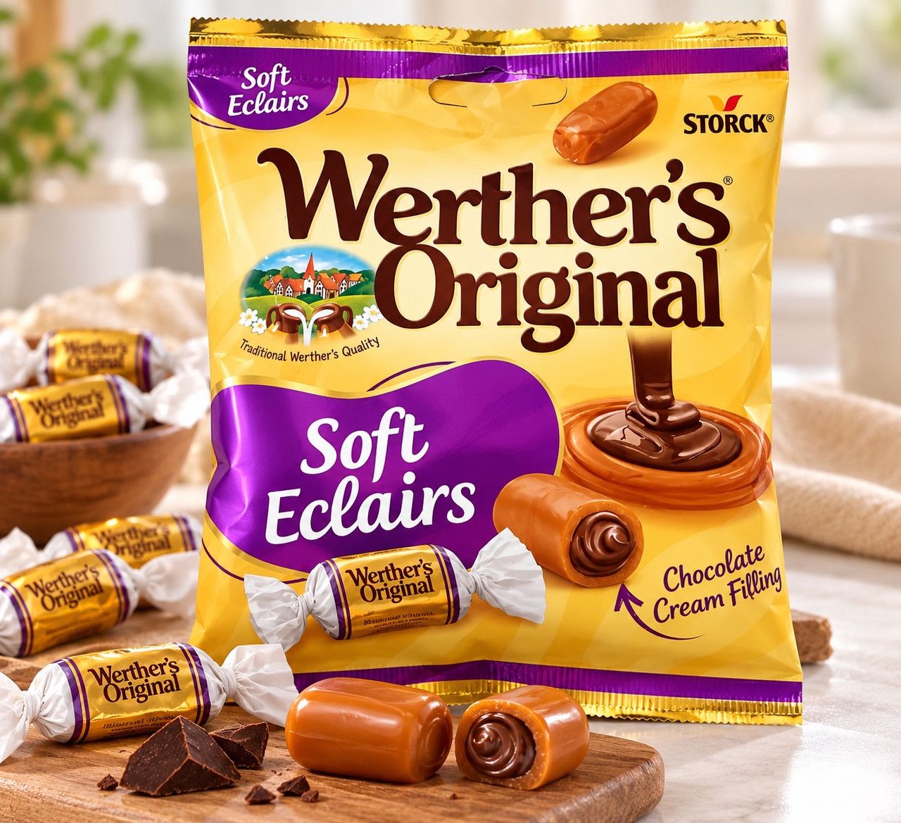 Цукерки Іриски Stork Werther’s Original Soft Eclairs Вертерс Оріджинал мяка вершкова карамель шоколадно-кремова начинка Пакет 70г