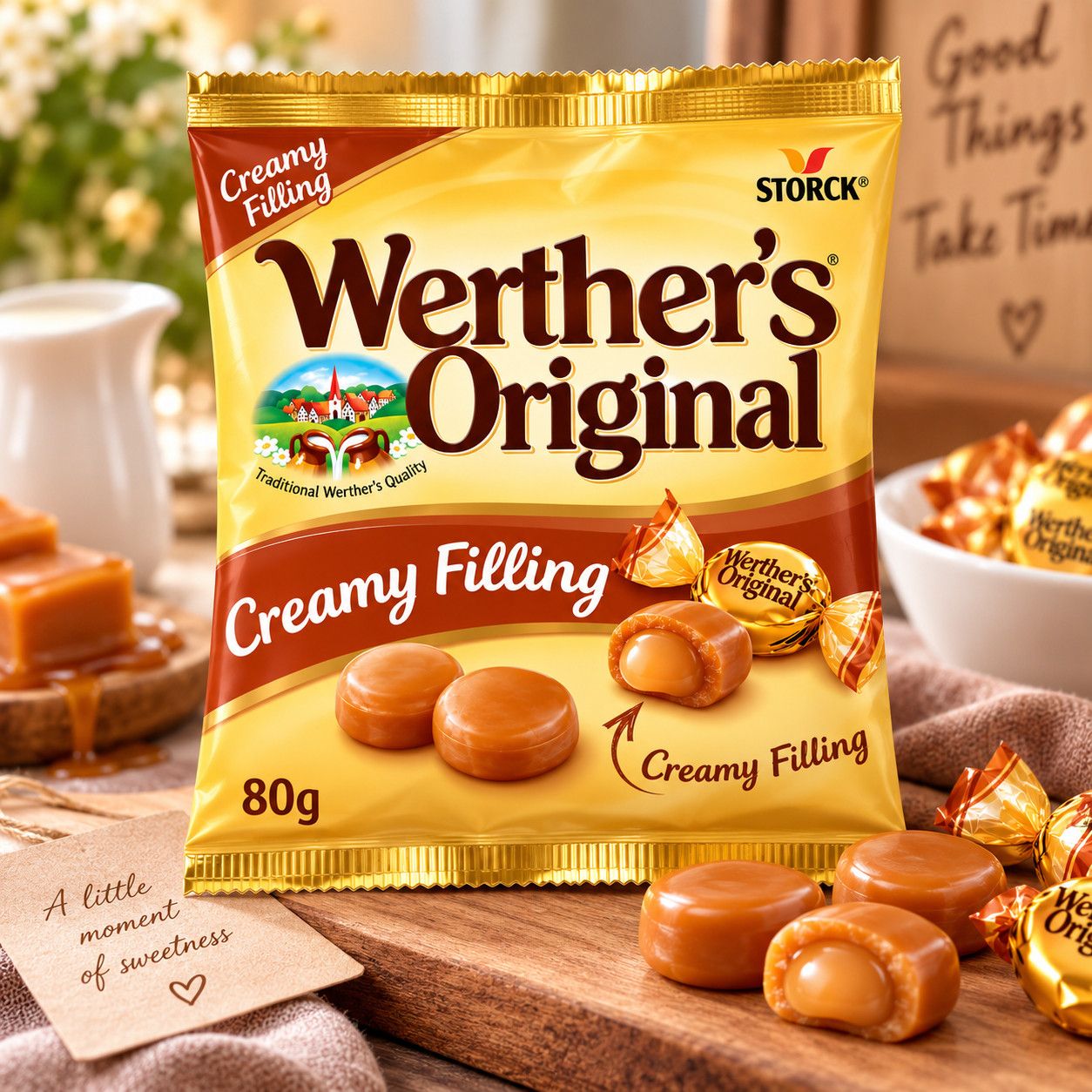 Цукерки Карамель Werther’s Original Creamy Filling Вертерс Оріджинал вершкова карамель з ніжною кремовою начинкою Пакет 80г