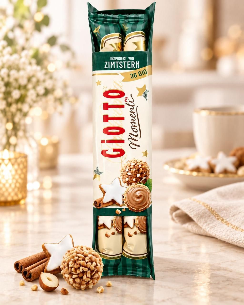 Набір Цукерки вафельні Ferrero Giotto Momenti Zimtstern Ферреро Джотто Моменті з корицею та ніжною горіхово-кремовою начинкою 36шт