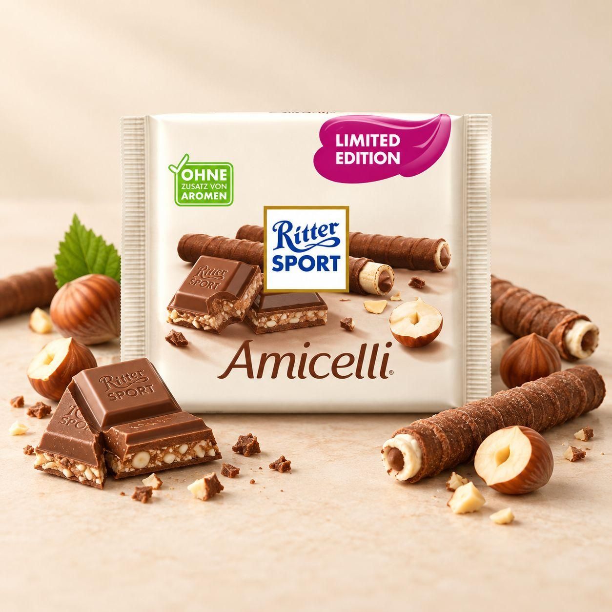 Шоколад молочний Ritter Sport Amicelli Limited Edition Ріттер Спорт Амічеллі горіховий крем фундук та хрусткі вафлі Плитка 100г