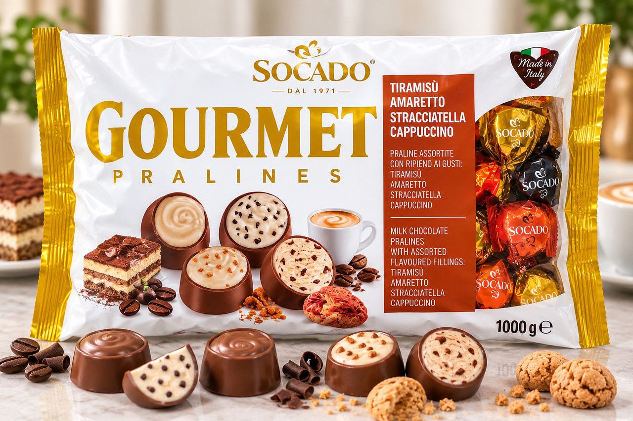 Набір Цукерки шоколадні Socado Gourmet Pralines Сокадо Гурме асорті з начинками Тірамісу Амарето Страчателла Капучино Пакет 1кг