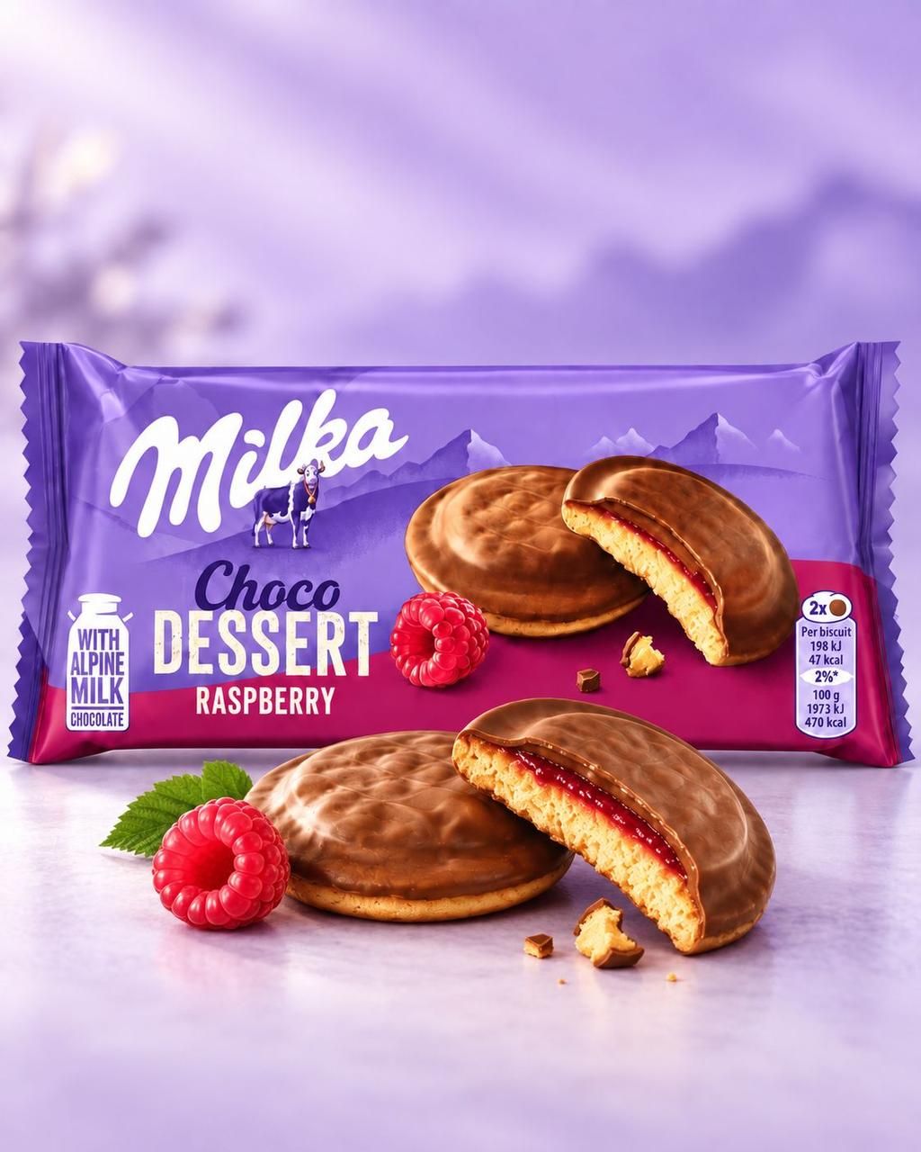 Печиво бісквітне Milka Choco Dessert Raspberry Мілка Чоко Десерт з малиновою начинкою в молочному шоколаді 147г