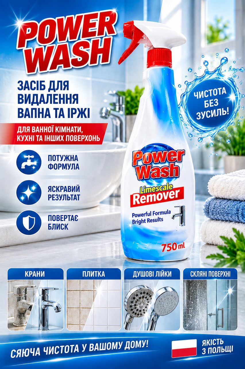 Засіб Антикальк Power Wash Limescale Remover Повер Вош від вапняного нальоту водного каменю та іржі для ванної кухні Спрей 750мл