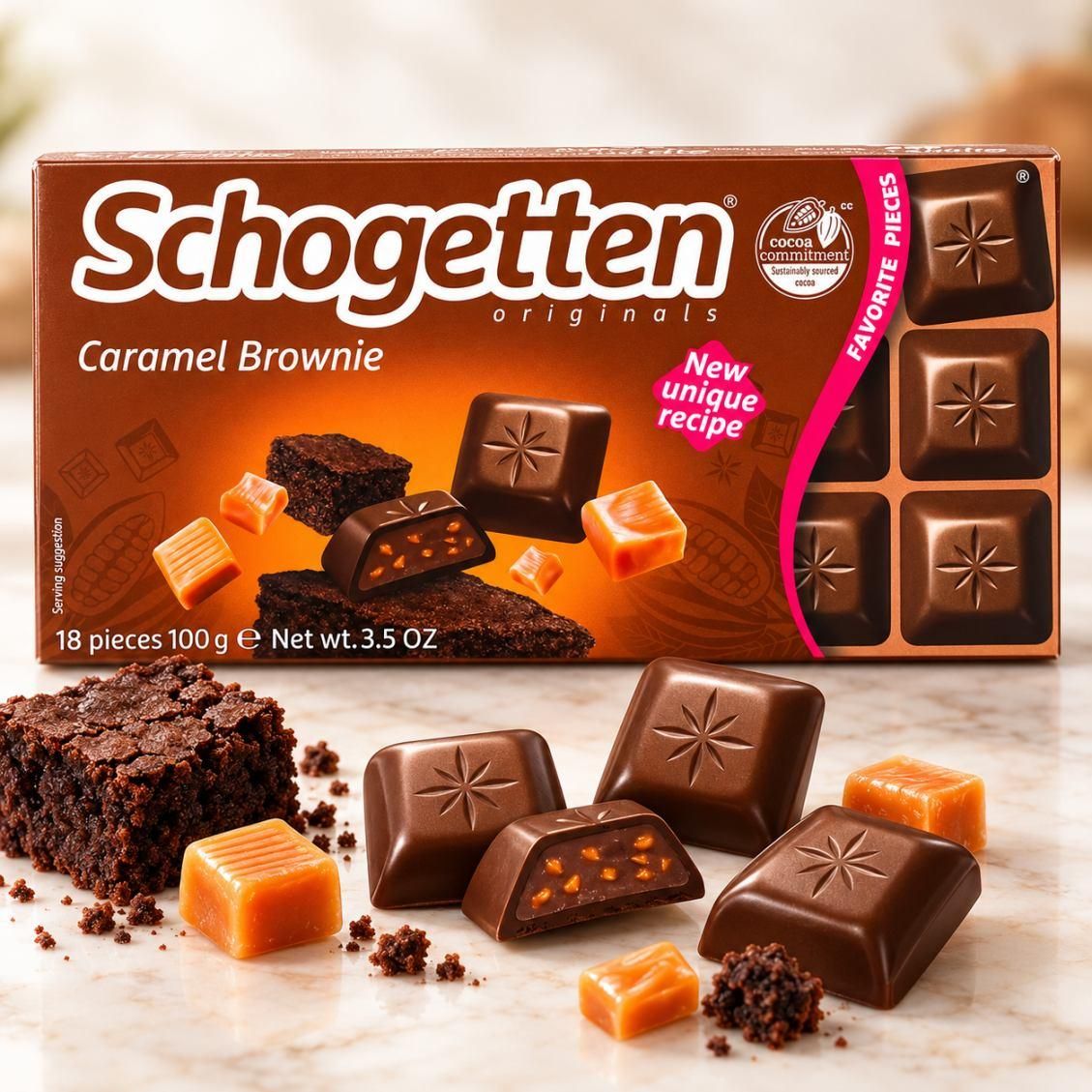 Шоколад молочний Schogetten Originals Caramel Brownie Шогеттен Карамель Брауні з кремовою начинкою та хрусткою карамеллю 18шт 100г