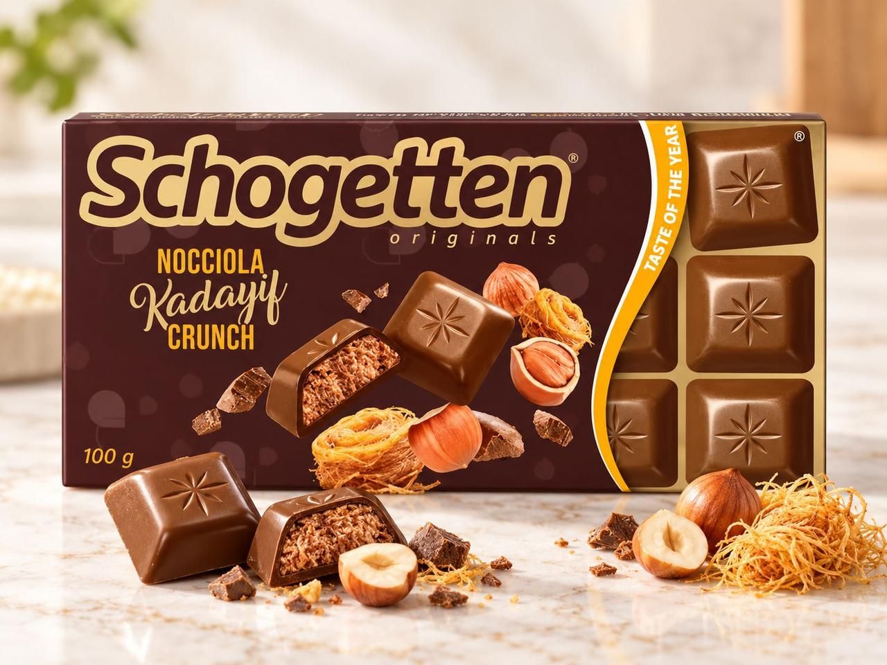 Шоколад молочний Schogetten Nocciola Kadayif Crunch Шогеттен з горіховим кремом фундука та хрустким тістом Кадаїф 18шт 100г