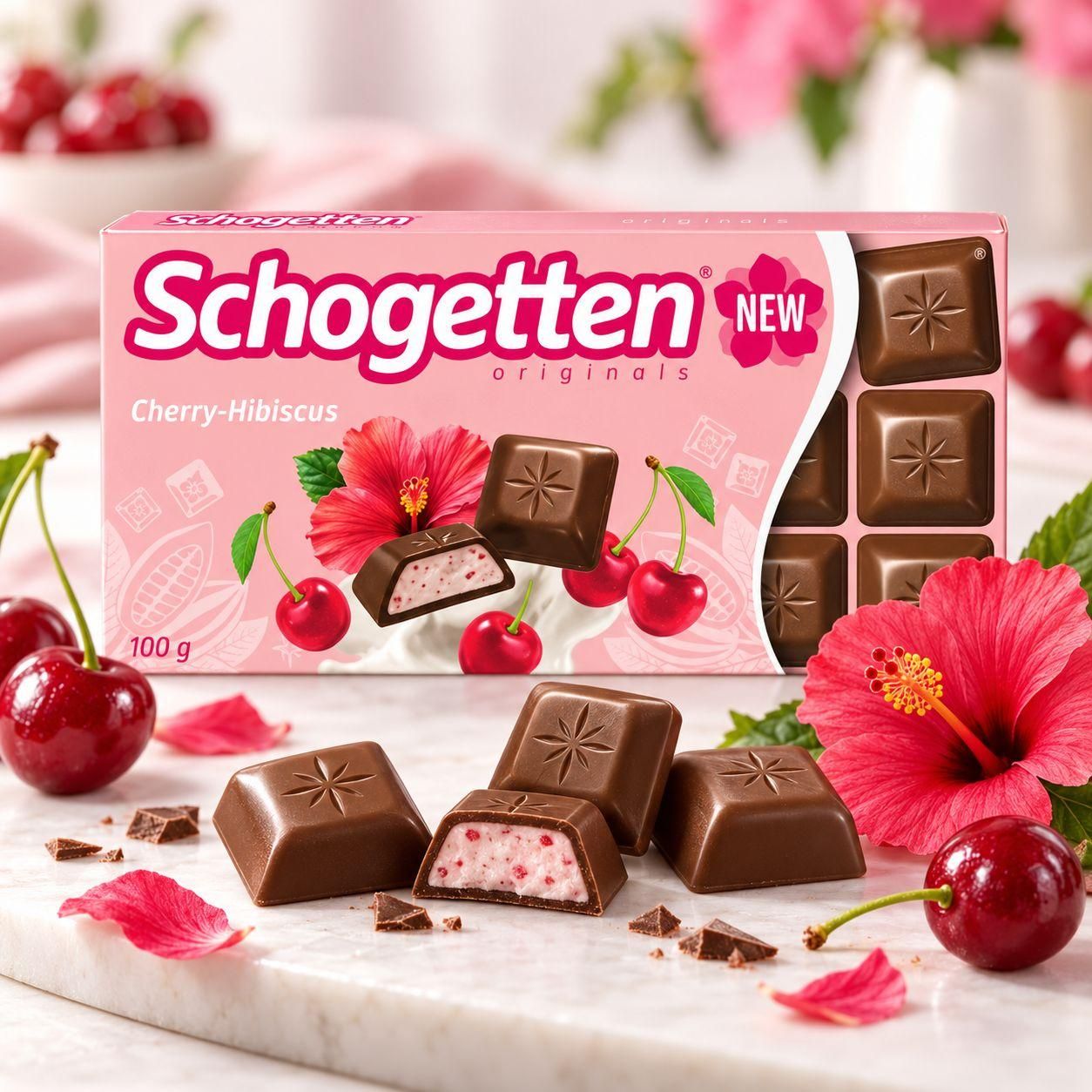 Шоколад молочний Schogetten Originals Cherry Hibiscus Шогеттен з ніжною кремовою начинкою зі смаком вишні та гібіскуса 18шт 100г