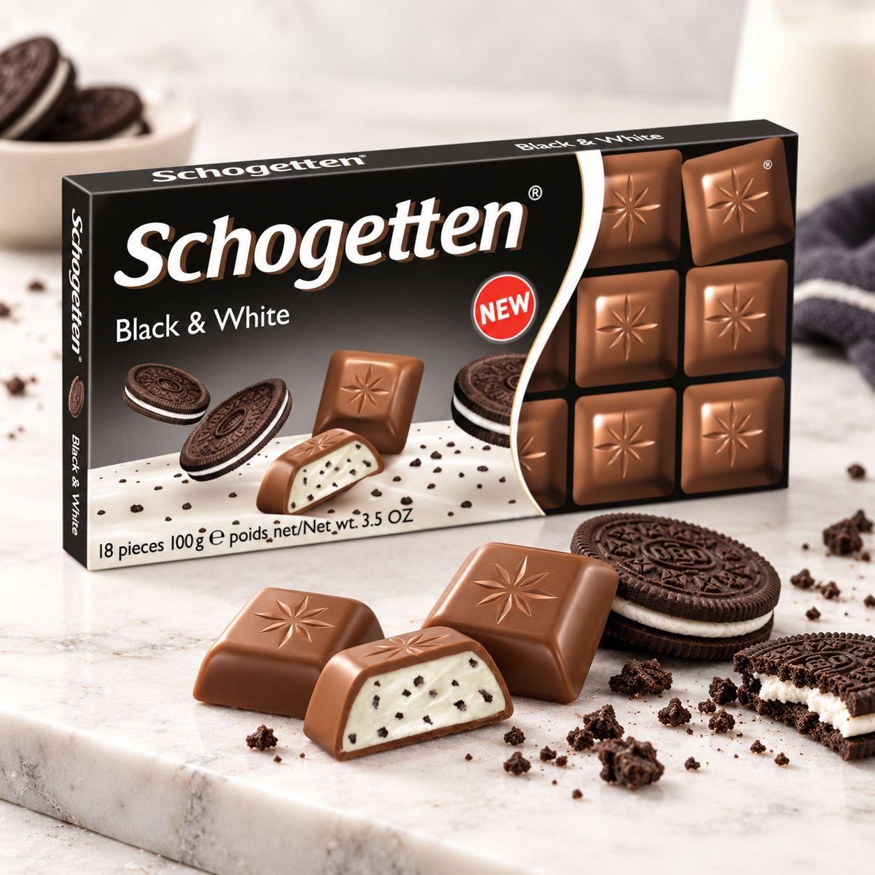 Шоколад молочний Schogetten Originals Black & White Шогеттен Блек Вайт з ванільним кремом та хрустким шоколадним печивом 18шт 100г