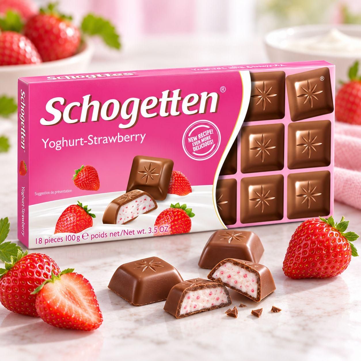 Шоколад молочний Schogetten Originals Yoghurt Strawberry Шогеттен з ніжною йогуртовою начинкою та полуницею 18шт 100г