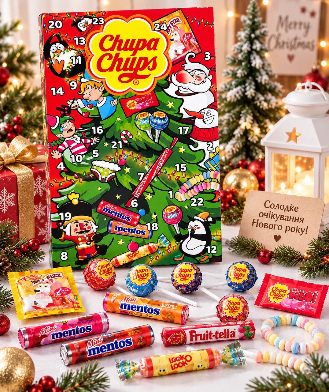 Адвент-календар Новорічний Chupa Chups Christmas Advent Calendar Чупа Чупс з цукерками льодяниками та жувальними солодощами 24 сюр