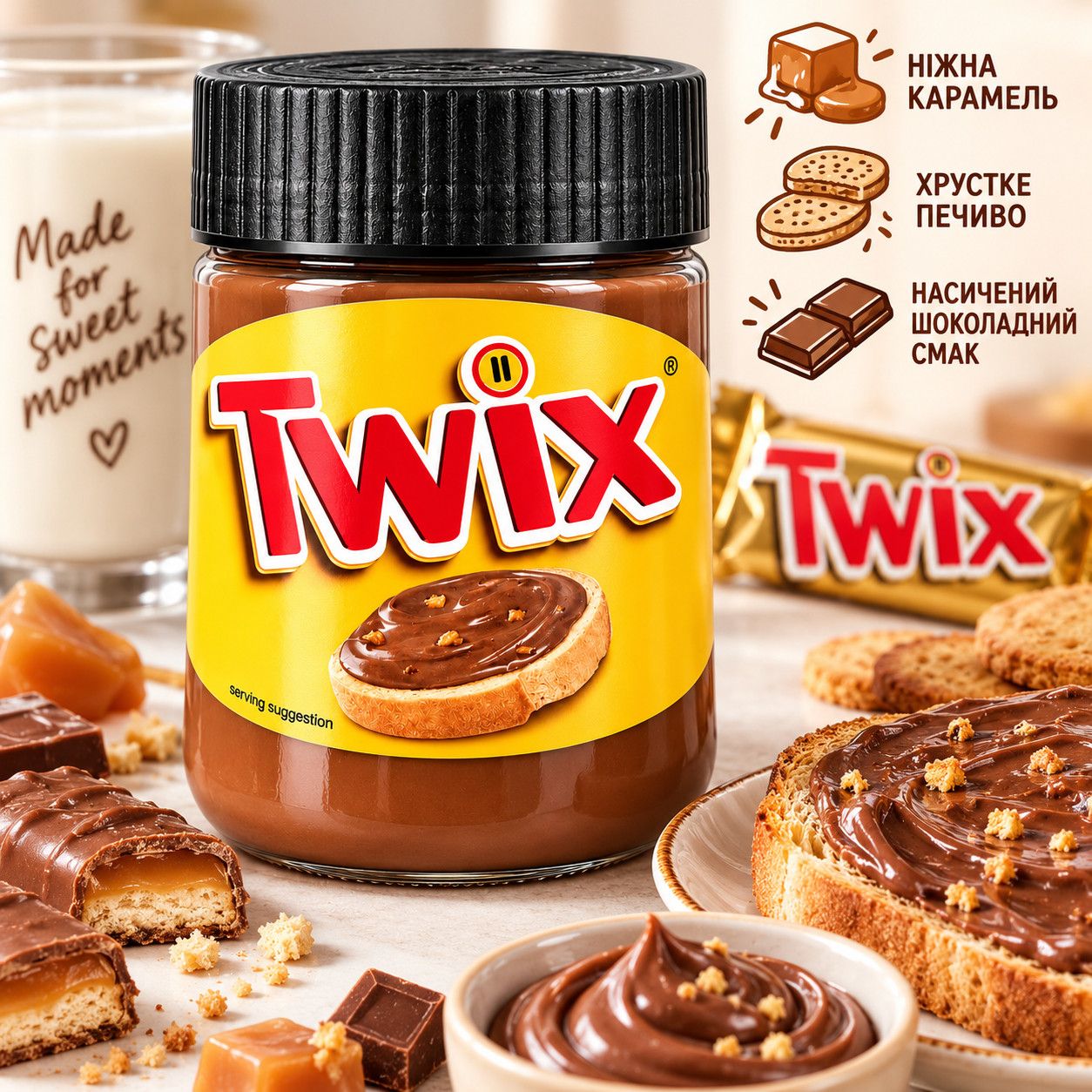 Шоколадна паста Twix Chocolate Spread Твікс з карамеллю та шматочками печива Шоколадно-карамельна паста для тостів і десертів 350г