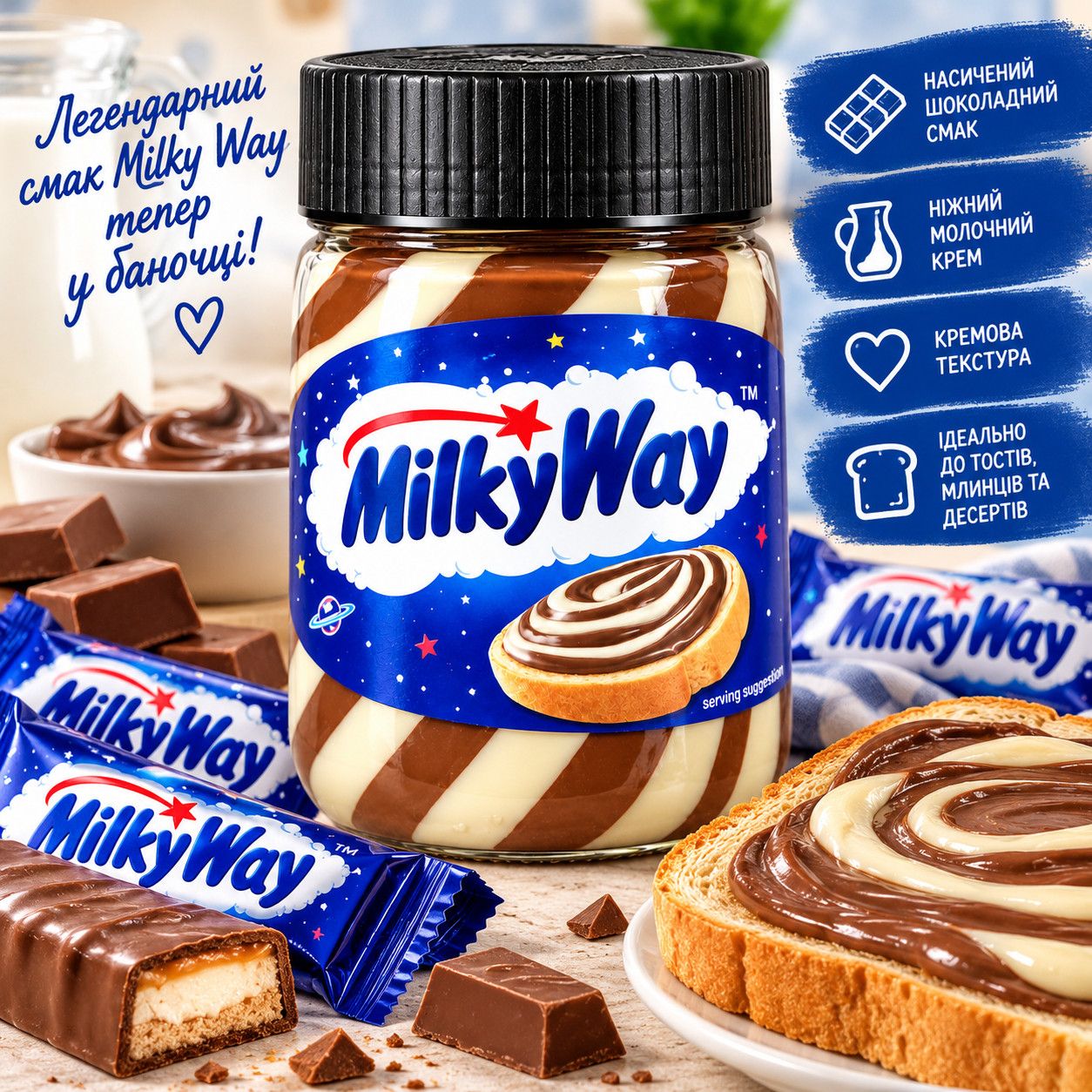 Паста шоколадно-молочна полосата Milky Way Мілкі Вей Двоколірна спред з ніжним молочним кремом для тостів млинців і десертів 350г