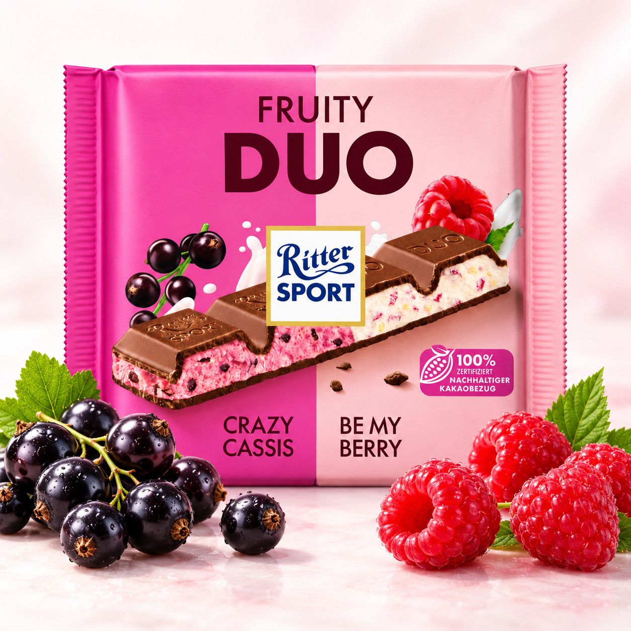 Шоколад Молочний квадратний Ritter Sport Fruity Duo Ріттер Спорт Дуо Чорна Смородина Малина йогуртова Начинка та Рис Плитка 218г