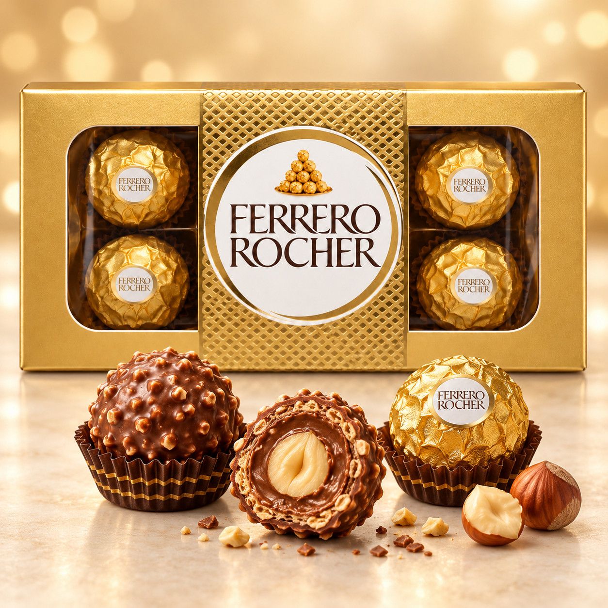 Цукерки Шоколадні Золотиста Коробка Ferrero Rocher Ферреро Роше Молочний Шоколад Цілий Фундук Хрустка Вафля Подарункова 8шт 100г