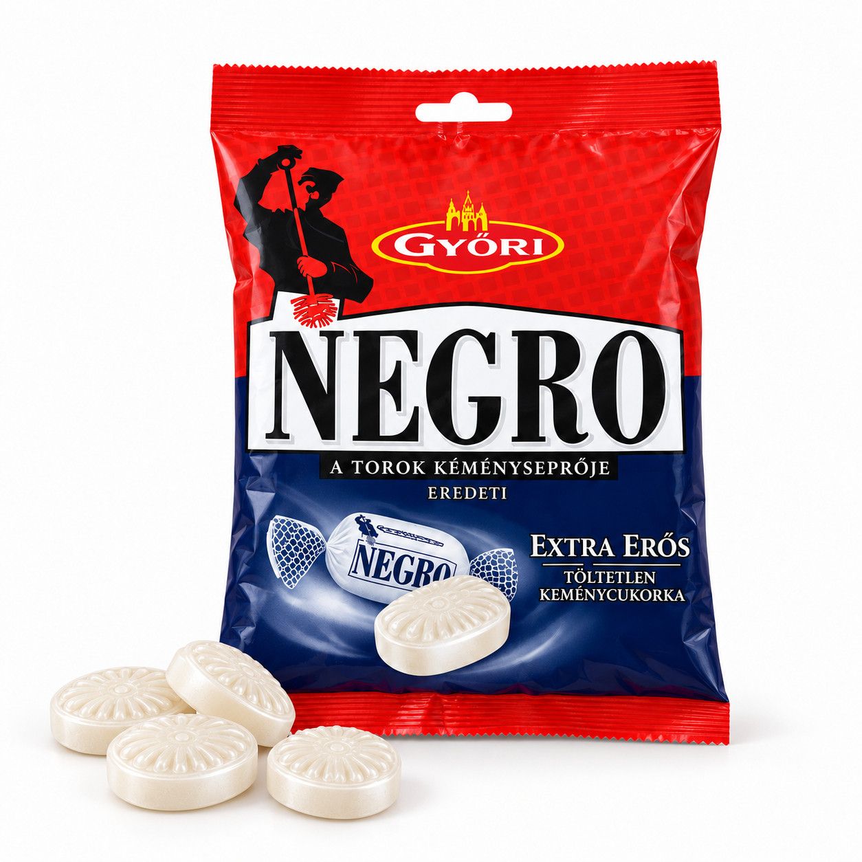 Цукерки Льодяники великі Gyori Negro Eredeti Extra Eros Дьорі Негро Мята-Ментолові Екстра Сильні Смоктальні Без Начинки Пакет 159г