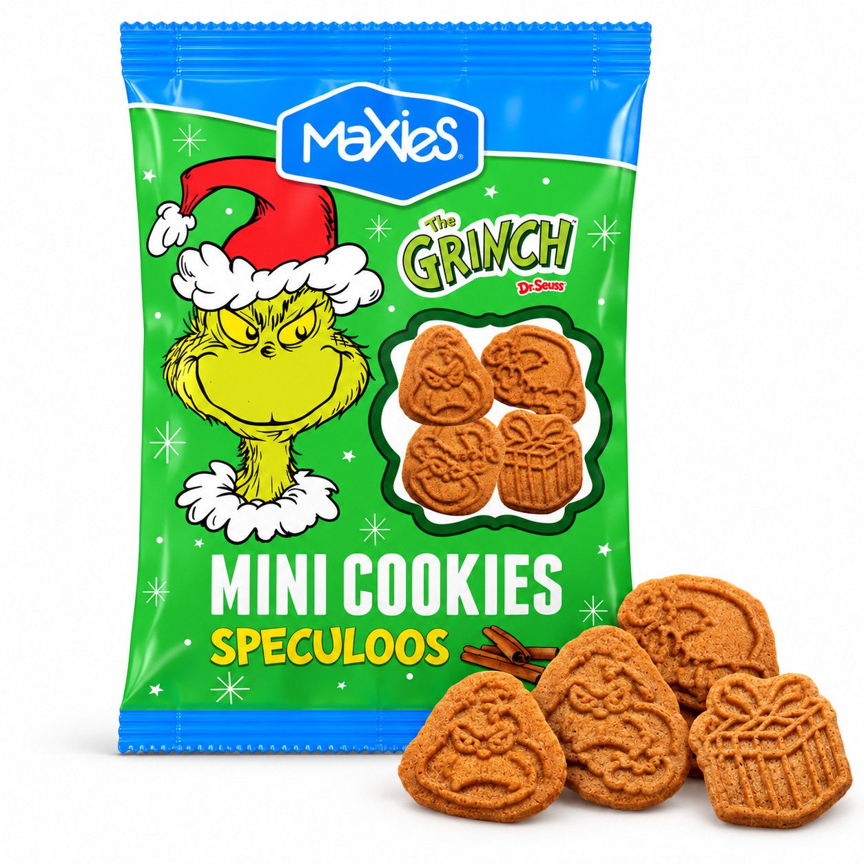 Печиво Фігурне Новорічне Maxies The Grinch Mini Cookies Speculoos Максіс Грінч Міні Спекулос Хрустке з Корицею 100г
