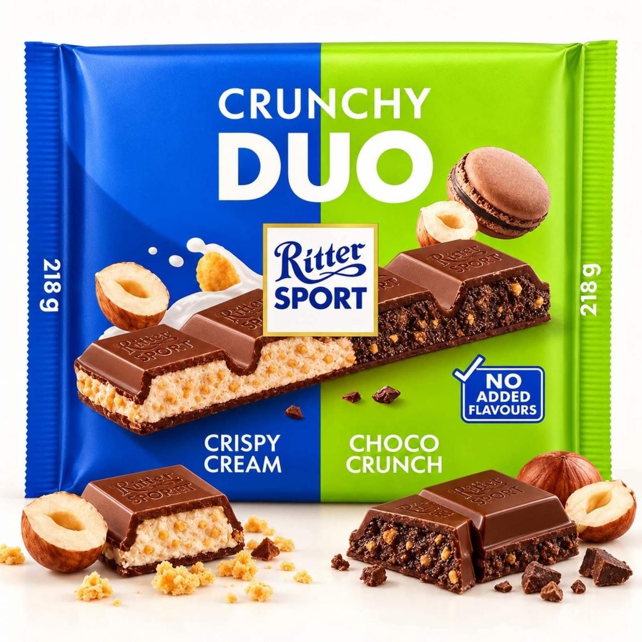 Шоколад молочний Ritter Sport Crunchy Duo Crispy Cream & Choco Crunch з фундуком Ріттер Спорт Кранчі Дуо 218г