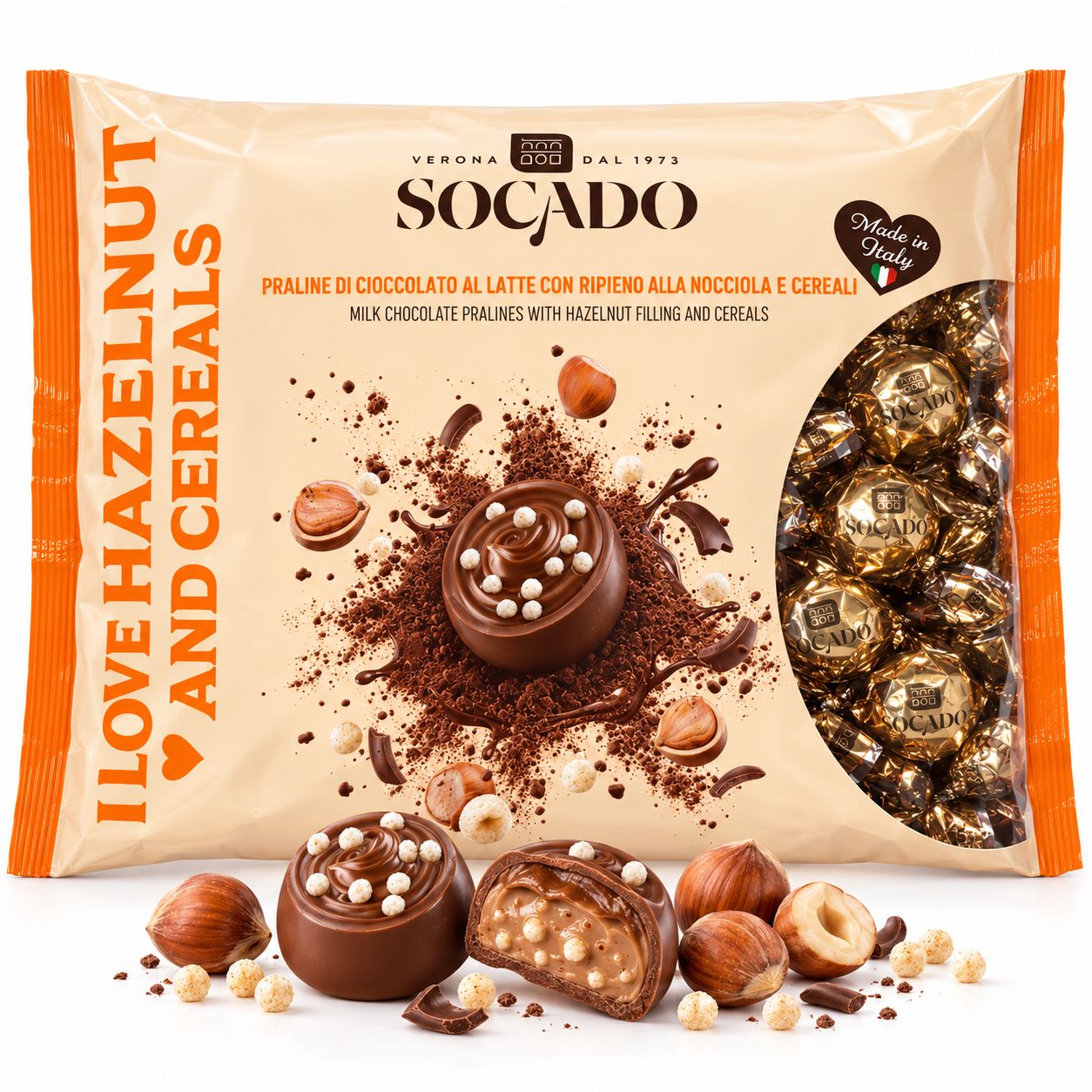 Цукерки Шоколадні Socado I Love Hazelnut and Cereals Сокадо з Фундуковою Начинкою та Злаками в Обгортках Пакет 1кг