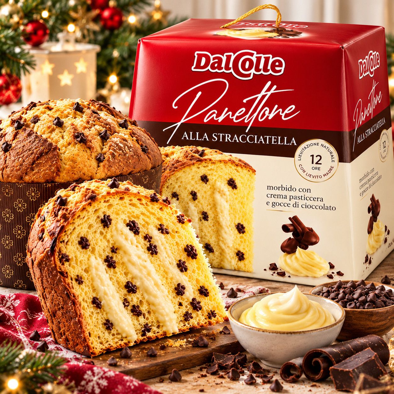 Панетоне Різдвяний Dal Colle Panettone alla Stracciatella Дал Колле Італійський Кекс із Заварним Кремом Шоколадними Краплями 750г