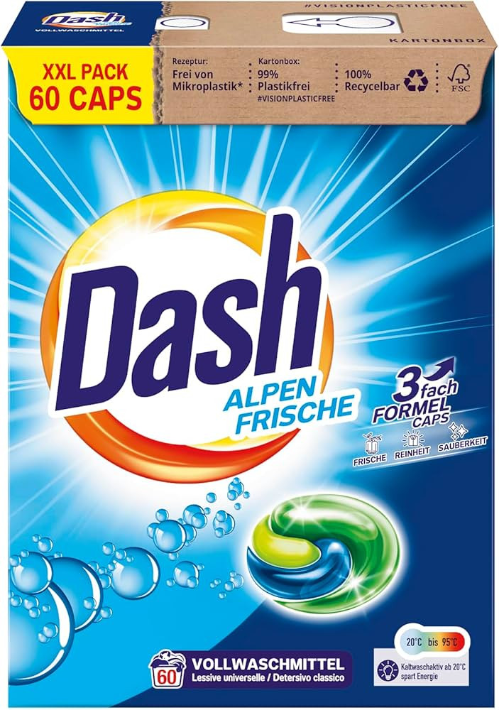 Капсули для прання Білих та Світлих речей Dash VollwaSchmittel AlpenFrische 3in1 White Pods Даш 3х-компонентні капсули 60шт 1490г