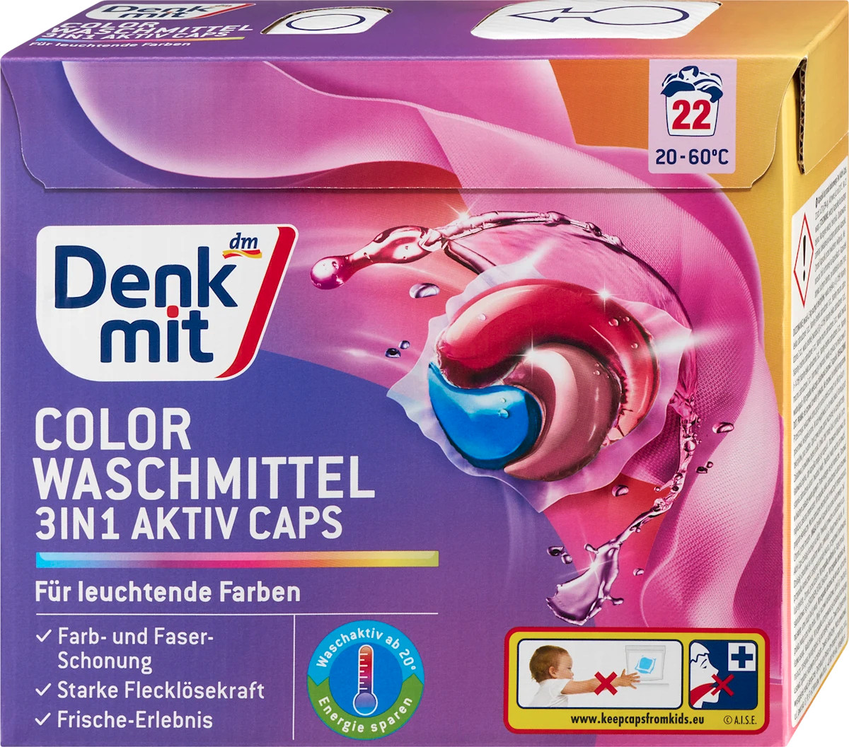 Капсули для прання Кольорової білизни Denkmit Colorwaschmittel 3in1 Aktiv Caps Денкміт колор актив Збереження кольорів 22шт