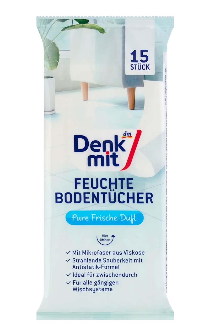 Серветки Вологі для Швидкого Прибирання Підлоги DenkMit Feuchte Bodentücher Pure Frische Duft Денкміт Антистатичні з Клапаном 15шт