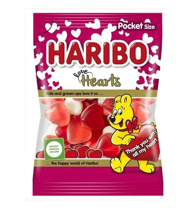 Цукерки Сердечка жувальні Haribo Love Hearts Mix Pocket size Харібо серця Кохання мікс желейні Натуральні кольори Пакет 100г