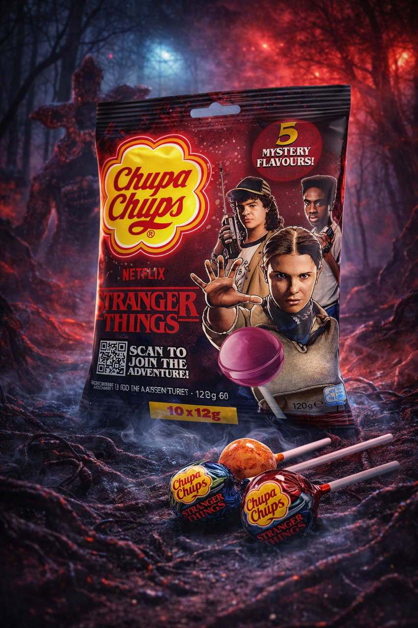 Льодяники на паличці Chupa Chups Stranger Things Netflix 5Mystery Flavour Red Чупа Чупс Дивні дива Червона 5смаків 10шт Пакет 120г