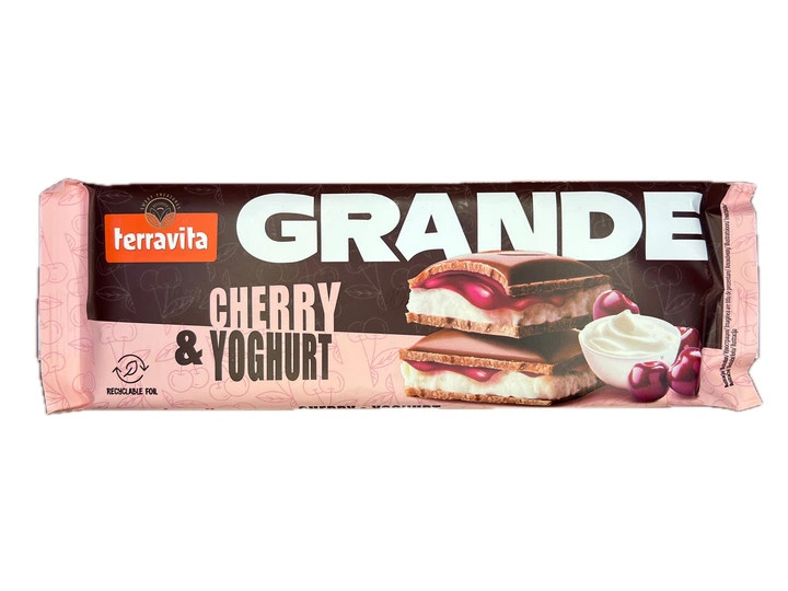 Шоколад сендвіч Terravita Grande Cherry&Joghurt Теравіта молочний плитка Вишня з йогуртом Гранде Велика 235г