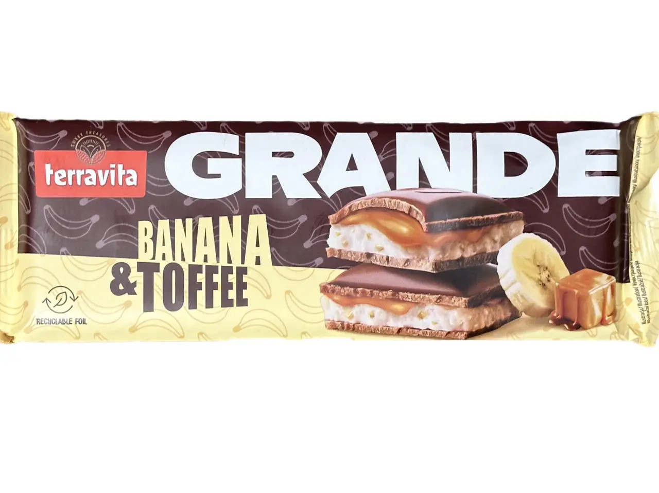 Шоколад сендвіч Terravita Grande Banana&Toffee Теравіта молочний плитка Шматочки банана та карамель Тоффі Гранде Велика 235г