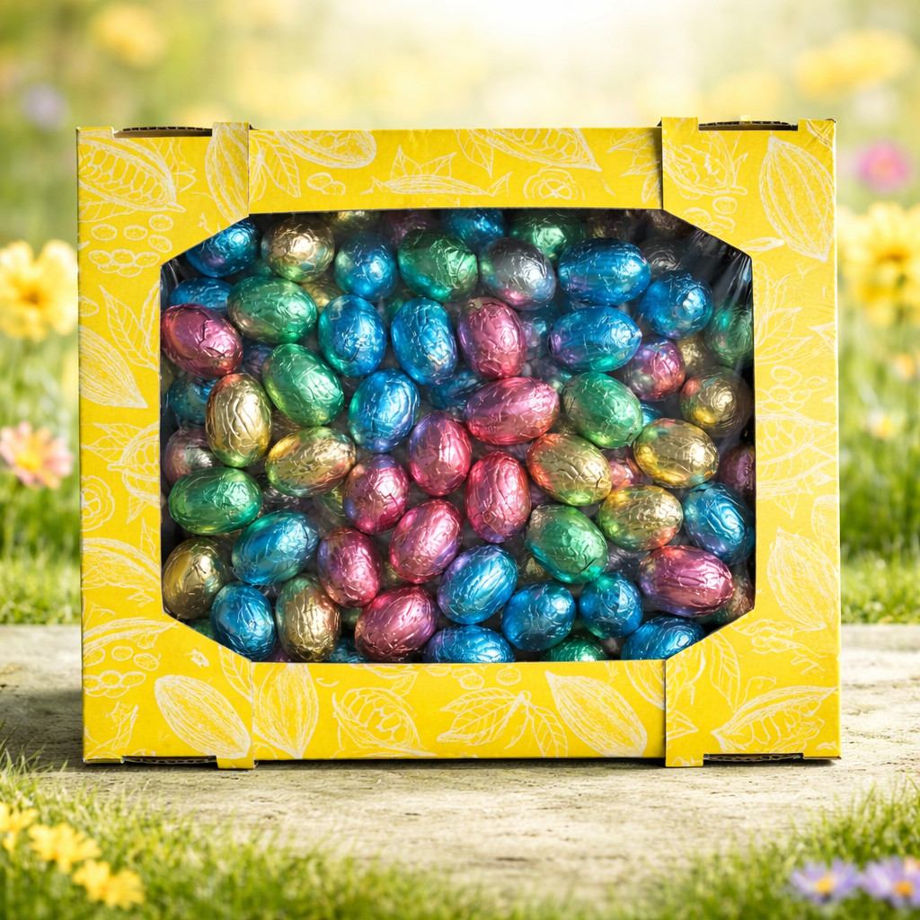 Яйця Шоколадні вагові Великодні Baron Easter Chocolate Eggs Барон Пасхальні в фользі з праліне Асорті Коробка екран Жовта 2000г