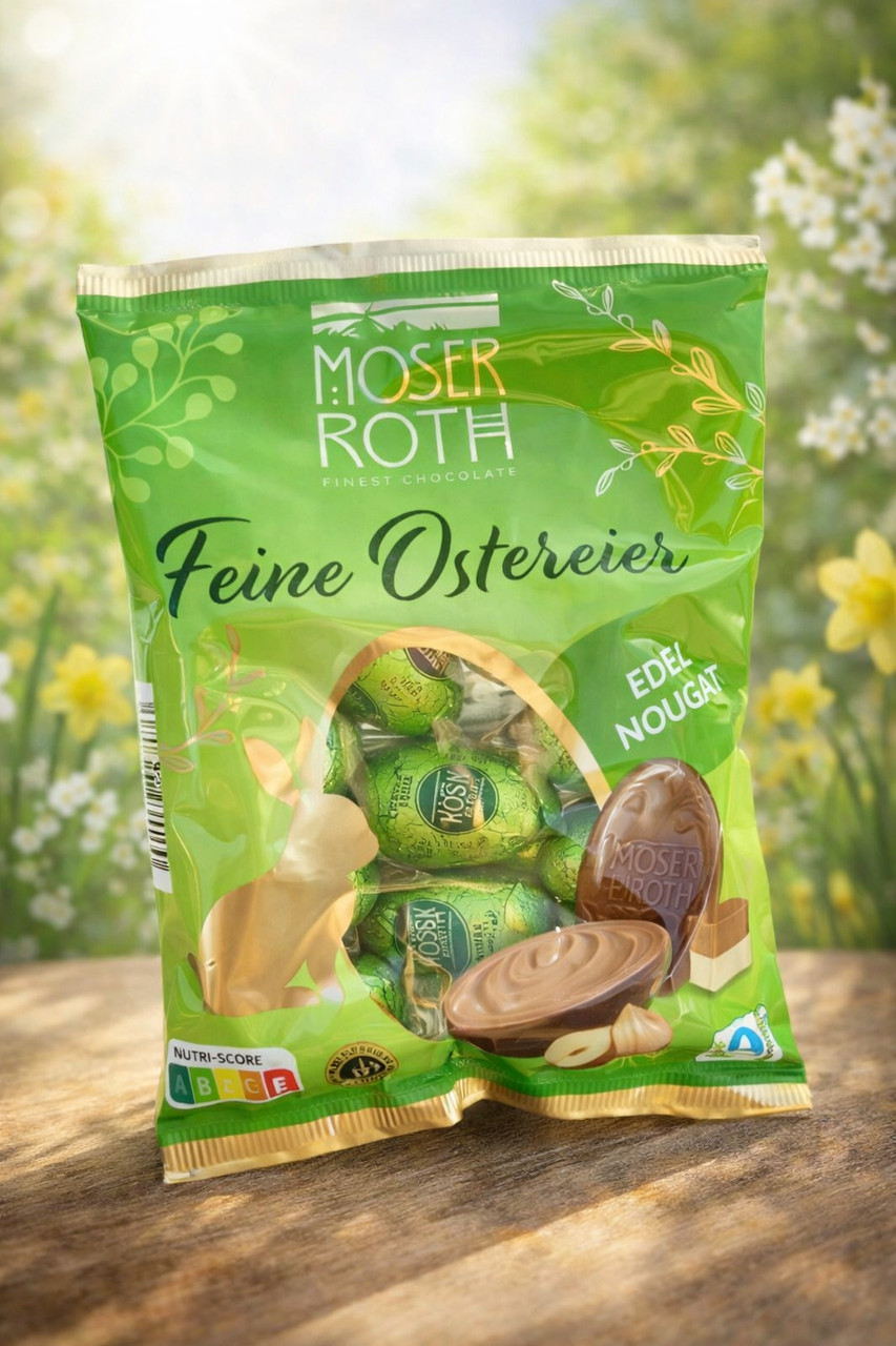 Яйця Пасхальні Шоколадні в кольоровій фользі Moser Roth Feine Ostereier Edel Nougat Мозер Рот з нугою та фундуком 10шт Пакет 150г