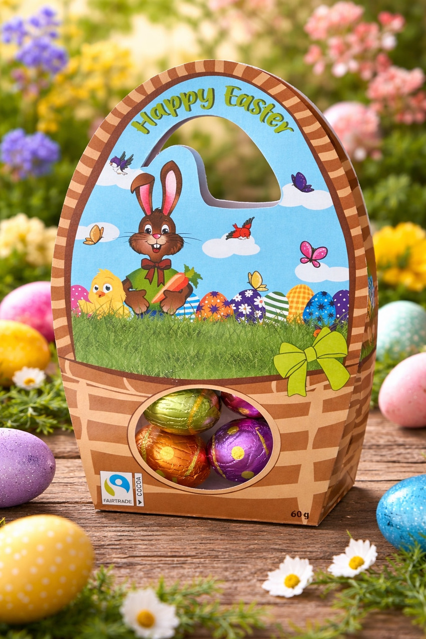 Яйця Пасхальні Шоколадні в кольоровій фользі FairTrade Happy Easter Eggs Картон у формі Кошика 60г