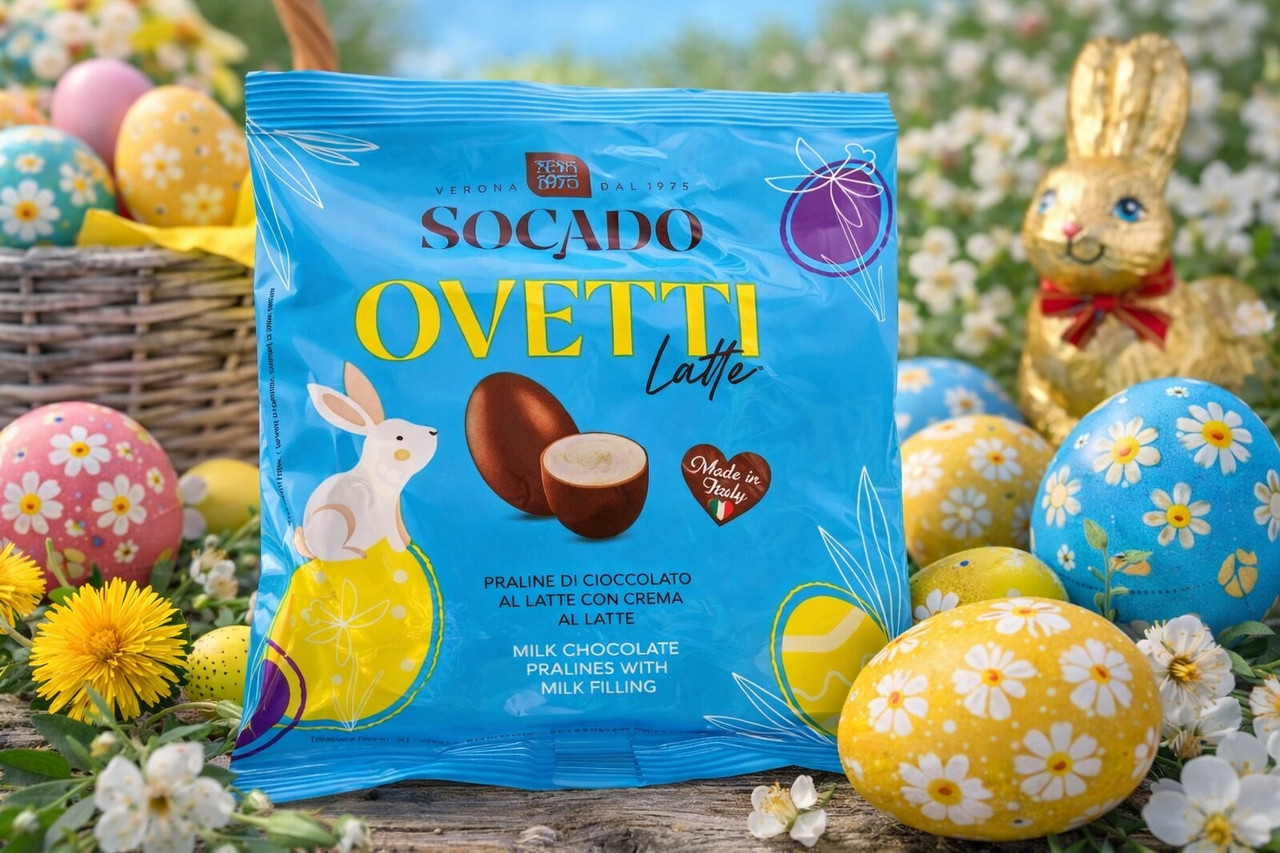 Яйця Шоколадні Великодні Socado Ovetti Latte Blue Praline Milk Filling Сокадо Оветті Пасхальні молочні з праліне Пакет 8шт 110г