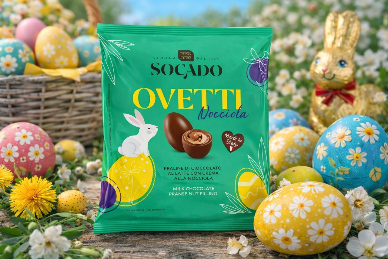 Яйця Шоколадні Великодні Socado Ovetti Nocciola Green Praline Milk Filling Сокадо Оветті Пасхальні пралінефундук Пакет 8шт 110г