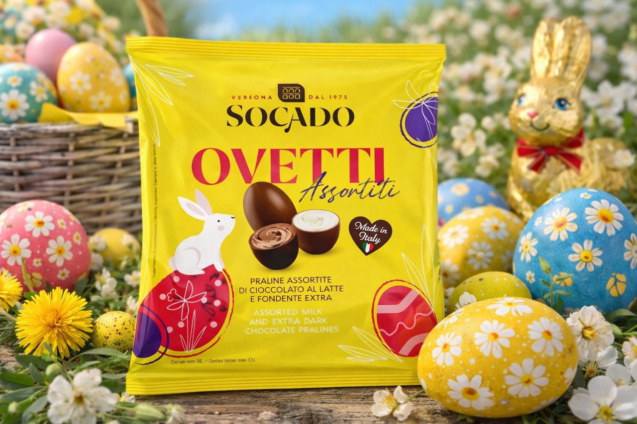 Яйця Шоколадні Великодні Socado Ovetti Assortiti Yellow Praline Dark Сокадо Оветті Пасхальні молочний та темний Пакет 8шт 110г