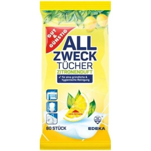 Серветки вологі для прибирання Edeka AllZweck-Tucher Zitronnen антибактеріальні Лимон 80шт - 1