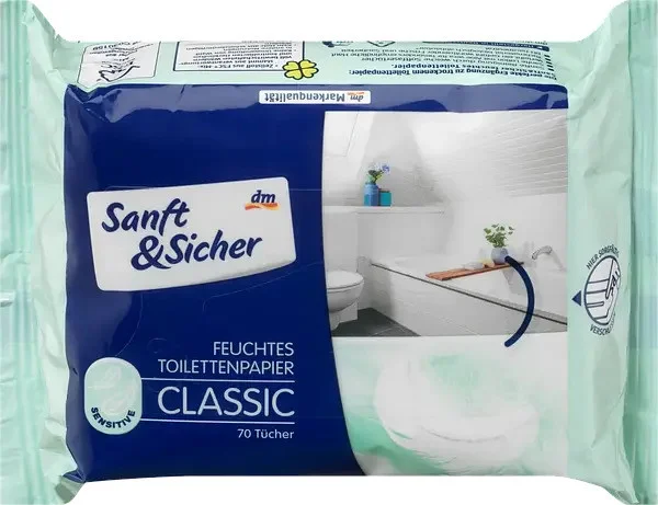 Туалетний вологий папір розчинний DenkMit Sanft&Sicher Classic Sensitive з алое вера для чутливої шкіри 70шт - 1