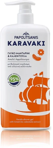 Гель-піна для душу та ванни з дозатором Papoutsanis Karavaki Gentle Shower Gel Tangerine&Calendula мандарин з календулою 750мл - 1